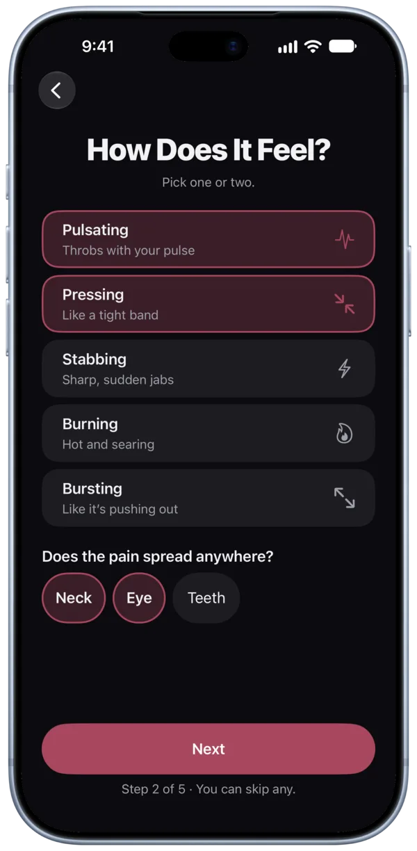 How does it feel: pulsating and pressing picked, the pain spreads to the neck and eye