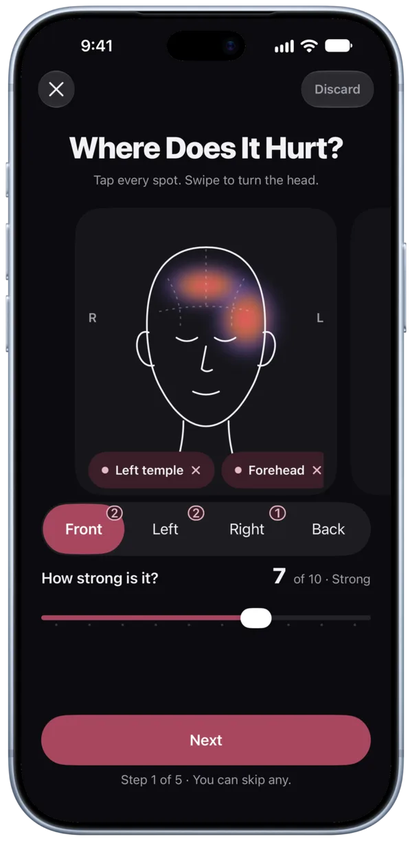 Where does it hurt: a head map with the left temple and forehead marked, strength 7 of 10